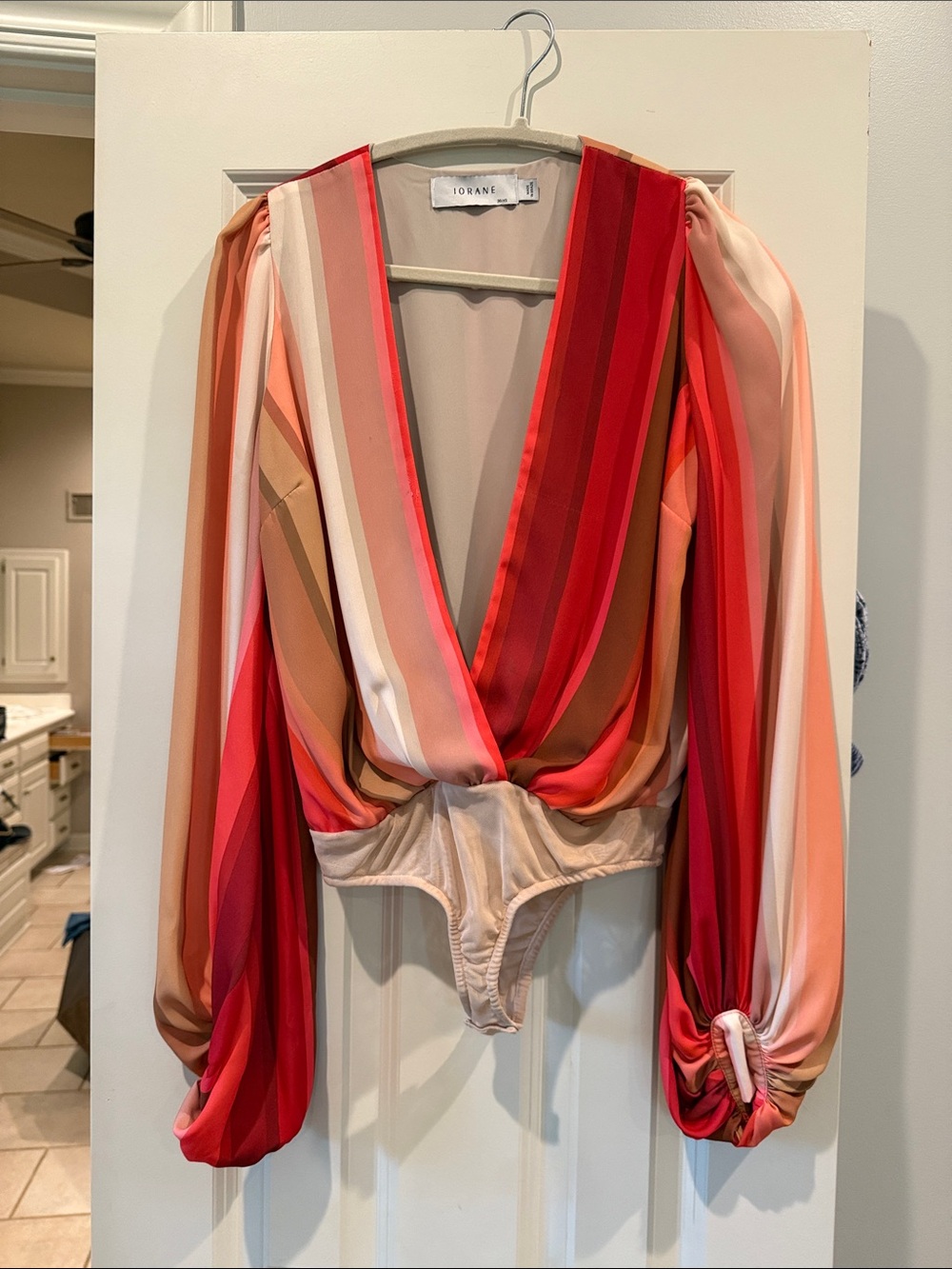Striped Red Multi V-Neck Long Sleeve Bodysuit by Iorane